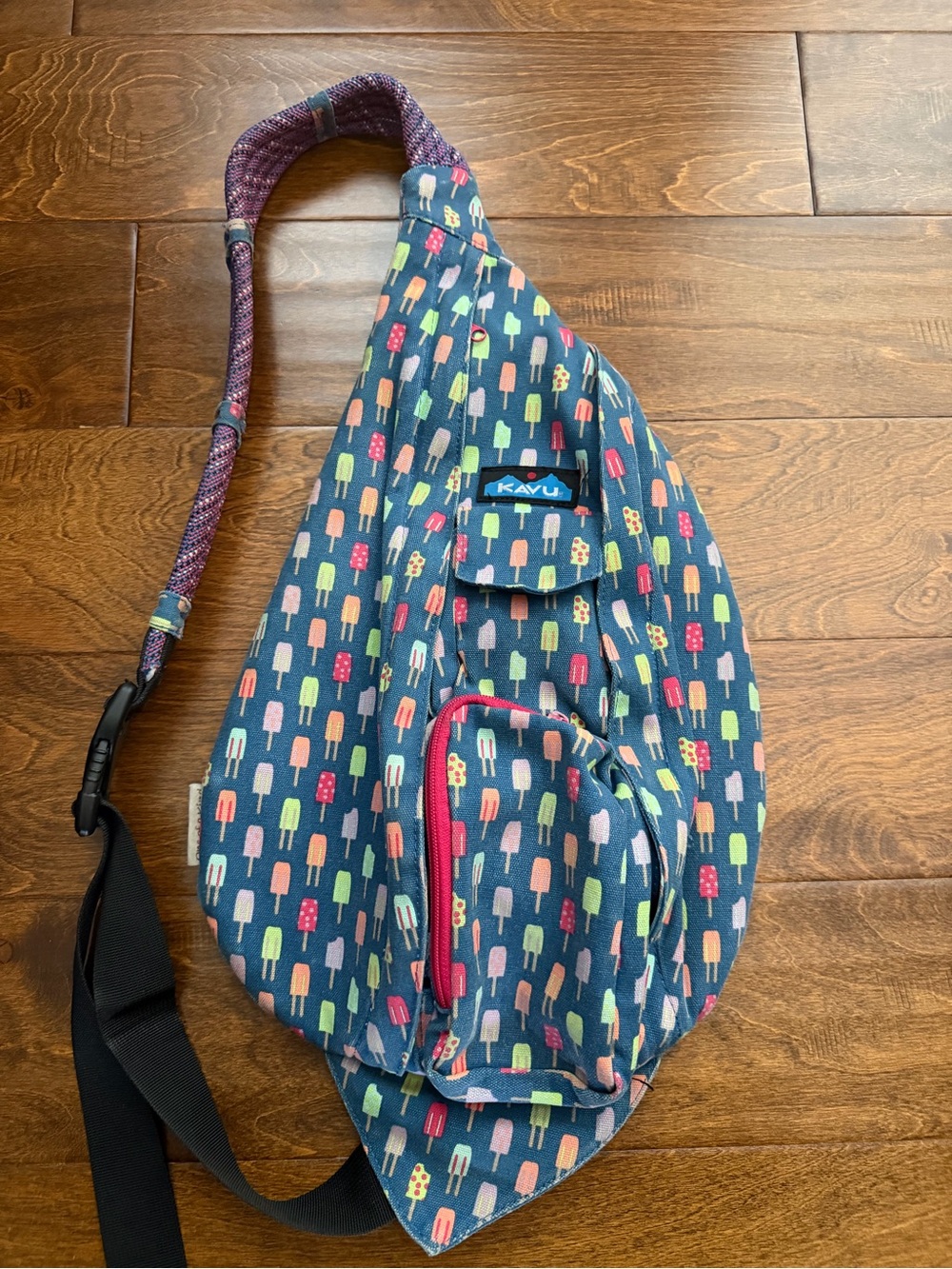 KAVU Original Rope Bag Cotton Canvas Blue/Multi Popsicle Print Rope Sling Purse